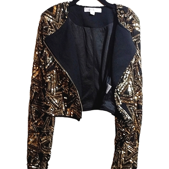 Women's Size Medium Cropped Black and Gold Sequins Formal Jacket - Picture 4 of 4